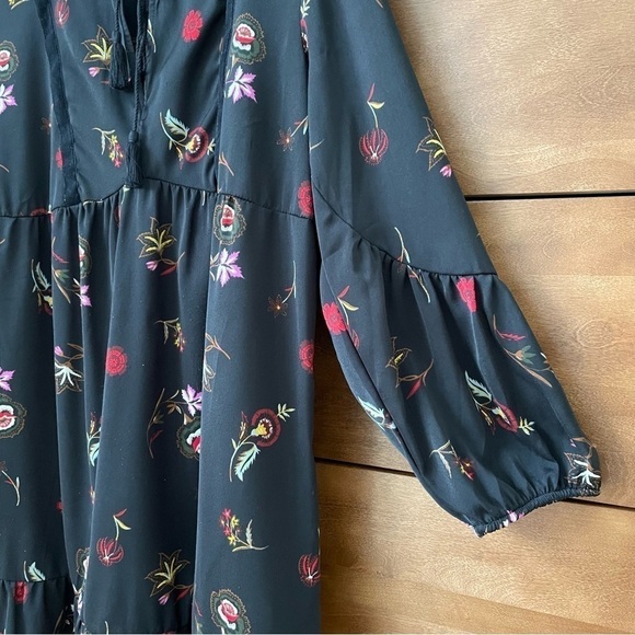 Old Navy Dark Romantic Floral Boho Dress with Tassel Neckline Medium Tiered - Picture 6 of 12